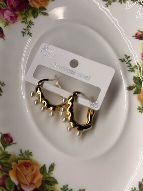 Gold Hoop Earrings with White Pearl Accents